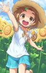  1girl :d bare_arms blue_shorts blush brown_eyes brown_hair cloud clover clover_hair_ornament day field flower flower_field four-leaf_clover hair_ornament hat highres idolmaster idolmaster_cinderella_girls looking_at_viewer neck_ribbon orange_ribbon outdoors outstretched_arms ribbon ryuzaki_kaoru shiny shiny_hair shiny_skin shirt short_hair short_shorts shorts smile solo straw_hat sun_hat sunflower thigh_gap white_shirt yama_tatsuo yellow_flower yellow_headwear 