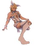  1boy absurdres animal_ears armlet bare_shoulders blonde_hair bow braid cloud_strife crossdressing fake_animal_ears fake_tail final_fantasy final_fantasy_vii final_fantasy_vii_remake full_body fur_trim hair_bow hand_on_own_knee highres leotard long_hair looking_at_viewer male_focus no_shoes nontraditional_playboy_bunny rabbit_tail solo spiked_hair squatting tail thighhighs toned toned_male twin_braids ukireii white_background white_bow white_leotard white_thighhighs wrist_cuffs 