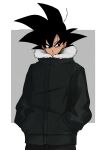  1boy black_eyes black_hair black_jacket black_pants dragon_ball dragon_ball_z earrings frown fur-trimmed_jacket fur_trim hair_behind_ear hands_in_pockets highres jacket jewelry komesan_0212 male_focus pants simple_background solo son_goku spiked_hair upper_body v-shaped_eyebrows 