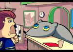  1boy analog_clock animal blue_eyes booth_seating brown_hair cafe clock colored_sclera counter cup half-closed_eyes hand_on_own_chin indoors jerma985 mouse nazrin on_counter oversized_animal setz sgt_pickles_(jerma985) short_hair stroking_own_chin the_giant_rat_(jerma985) touhou yellow_sclera 