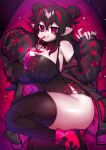  1girl between_breasts black_hair blood blood_on_face breasts closed_mouth double_bun dress drinking_blood drinking_straw drinking_straw_in_mouth elizabeth_von_mountbatten_(osiimi) hair_bun high_heels highres huge_breasts indie_virtual_youtuber jacket long_hair looking_at_viewer multicolored_hair open_clothes open_jacket original osiimi pointy_ears second-party_source smile solo striped thick_thighs thighhighs thighs vampire vertical_stripes virtual_youtuber 