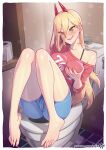  1girl bare_shoulders barefoot blonde_hair blue_shorts blush breasts chainsaw_man feet grabbing_own_breast grin hair_between_eyes horns indoors kajin_(kajinman) long_hair power_(chainsaw_man) red_horns red_shirt sharp_teeth shirt shorts sitting smile solo teeth thighs toes toilet toilet_paper yellow_eyes 