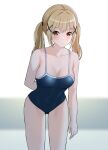  1girl absurdres arm_at_side arm_behind_back armpit_crease bang_dream! bangs bare_arms bare_shoulders blonde_hair blue_one-piece_swimsuit blurry blurry_background blush breasts brown_eyes cleavage closed_mouth collarbone commentary_request covered_navel cowboy_shot hair_ornament highres ichigaya_arisa large_breasts leaning_forward long_hair looking_at_viewer ptal school_swimsuit solo standing swimsuit twintails white_background x_hair_ornament 