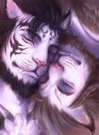  absurd_res anthro braided_hair duo eyes_closed facial_markings fangs felid feline final_fantasy final_fantasy_xiv flower fur hair head_markings hi_res hrothgar intimate male male/male mammal markings pink_nose plant s_anima square_enix striped_body striped_face striped_fur stripes video_games 