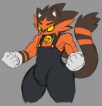  2019 anthro bulge eulipotyphlan generation_7_pokemon genital_outline grey_background hedgehog hi_res hybrid litten male mammal mui_(spinycatto) muscular muscular_male nintendo overalls_only penis_outline pokemon pokemon_(species) simple_background solo spinycatto video_games yellow_sclera 