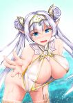  1girl bangs bare_shoulders blue_eyes blush breasts britomart_(fate) center_opening cleavage covered_nipples double_bun fate/grand_order fate_(series) gold_one-piece_swimsuit gold_trim grey_hair hair_bun hairband highleg highleg_swimsuit large_breasts leaning_forward long_hair looking_at_viewer o-ring one-piece_swimsuit open_mouth outstretched_arm pointy_ears smile solo swimsuit taut_clothes taut_swimsuit tetsuhige thighs twintails two-tone_swimsuit very_long_hair wading water wet white_one-piece_swimsuit 
