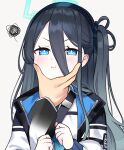  1boy 1girl :t annoyed aris_(blue_archive) black_hair blue_archive blue_eyes blush glaring hair_between_eyes hairband hand_on_another&#039;s_face jacket long_sleeves mimit_4 pout sensei_(blue_archive) simple_background white_background 