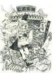  1girl absurdres armor banner flower full_body highres japanese_armor lan_chuan_huo_dao lantern long_hair monochrome mononobe_no_futo non-web_source pagoda paper_lantern skeleton spider_lily touhou traditional_media translation_request 