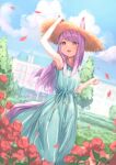  1girl absurdres alternate_costume animal_ears armpits bangs breasts dress ears_through_headwear flower green_dress hand_on_headwear hat highres horse_ears horse_girl horse_tail long_hair looking_at_viewer mejiro_mcqueen_(umamusume) outdoors purple_eyes purple_hair sleeveless sleeveless_dress small_breasts solo straw_hat striped striped_dress sun_hat sundress swept_bangs tail tem_(tempainting1) umamusume vertical-striped_dress vertical_stripes 