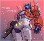  autobot blue_eyes copyright_name cowboy_shot glowing glowing_eyes gun holding holding_gun holding_weapon looking_up matayoshi_(nopple_1000) mecha no_humans open_hand optimus_prime robot science_fiction solo transformers weapon 
