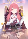  1girl aru_(blue_archive) bangs black_skirt blue_archive blush bolo_tie buttons chair cherry closed_eyes closed_mouth cocktail_glass collared_shirt commentary condom credit_card cup drinking_glass drinking_straw food fruit fur-trimmed_jacket fur_trim glass gloves halo high-waist_skirt highres holding holding_wallet horns jacket jacket_on_shoulders kagami_(galgamesion) long_sleeves on_chair orange_(fruit) orange_juice orange_slice pink_hair pov pov_hands purple_jacket reflection revision shirt sidelocks sitting skirt smile smirk smug solo sparkle wallet white_gloves white_shirt 