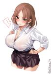  1girl black_skirt blush breasts brown_eyes brown_hair chiyoda_(kancolle) closed_mouth collared_shirt cowboy_shot cropped_legs ebifurya highres kantai_collection large_breasts long_sleeves one-hour_drawing_challenge pleated_skirt see-through see-through_shirt shirt short_hair simple_background skirt solo twitter_username wet wet_clothes wet_shirt white_background white_shirt 