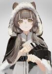  1girl absurdres arknights bangs black_capelet brown_eyes brown_hair capelet clenched_teeth commentary_request dress ears_through_headwear eyebrows_hidden_by_hair fur-trimmed_capelet fur-trimmed_hood fur_trim grey_background grey_hair hair_over_shoulder hands_up highres honeyberry_(arknights) hood hood_up hooded_capelet low_twintails multicolored_hair simple_background solo streaked_hair teeth tokagenox twintails upper_body white_dress 