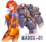  1girl ass assault_visor blue_eyes bodysuit breasts copyright_name hand_on_own_thigh kusumoto_elle madox-01 matayoshi_(nopple_1000) mecha medium_breasts metal_skin_panic_madox-01 orange_bodysuit orange_hair pilot_suit piston robot science_fiction short_hair smile white_background 