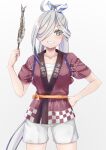  1girl asashimo_(kancolle) blush collarbone cowboy_shot fish food grey_eyes grey_hair grin hair_over_one_eye highres holding kantai_collection koru_pera long_hair looking_at_viewer sarashi saury short_sleeves shorts simple_background smile solo white_background white_shorts 