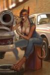  4_toes 5_fingers anthro breasts canid canine canis car claws clothing denim denim_clothing domestic_dog exposed_breasts feet female finger_claws fingers food hi_res mammal marmoratus mechanic mechanic_outfit nipple_piercing nipples piercing sandwich_(food) solo tire toe_claws toes vehicle 