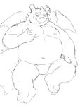  2022 anthro belly big_belly dragon flappydog kemono male moobs navel nipples one_eye_closed oumi_(tamacolle) overweight overweight_male scar simple_background sitting sketch solo tamacolle wings wink 