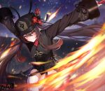  1girl black_headwear black_shorts brown_hair chinese_clothes fire flower gao_kawa genshin_impact hat hat_flower holding holding_weapon hu_tao_(genshin_impact) long_sleeves looking_at_viewer night night_sky outstretched_arms porkpie_hat red_eyes short_shorts shorts sky smile solo spread_arms symbol-shaped_pupils tailcoat twintails weapon wide_sleeves 