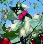  :3 blue_sky blurry blurry_background claws evolutionary_line fangs floragato highres looking_at_viewer meowscarada open_mouth petals pink_eyes pkbunny plant pokemon pokemon_(creature) red_eyes sky smile sprigatito tree vines yo-yo 