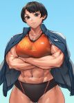  1girl abs black_eyes black_hair blue_background breasts crossed_arms highres jacket jacket_on_shoulders large_breasts looking_at_viewer mikel_(4hands) muscular muscular_female open_clothes open_jacket original short_hair smile solo sports_bra sportswear 