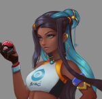  1girl armlet artist_name bangs bare_shoulders black_hair blue_eyes blue_hair breasts closed_mouth commentary dark-skinned_female dark_skin earrings gloves grey_background hair_ornament hairclip hand_up holding hoop_earrings jewelry justin_paul lips long_hair multicolored_hair necklace nessa_(pokemon) poke_ball pokemon pokemon_(game) pokemon_swsh signature simple_background sleeveless small_breasts solo tank_top two-tone_hair upper_body 