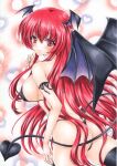  1girl alternate_costume ass bat_wings bikini black_armband black_bikini black_thighhighs black_wings blush breasts circle covered_nipples cowboy_shot demon_tail hair_between_eyes head_wings heart koakuma large_breasts leaning_forward long_hair looking_at_viewer looking_back red_eyes red_hair ren_(endscape20) sidelocks simple_background smile solo swimsuit tail thighhighs touhou traditional_media very_long_hair wings 