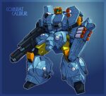  arm_cannon assault_visor blue_background character_name combat_calibur head_tilt looking_up matayoshi_(nopple_1000) mecha no_humans robot science_fiction shield solo tokusou_kihei_dorvack weapon 