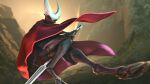  3d_(artwork) absurd_res action_pose anthro arthropod black_eyes butt cloak cloak_only clothing compound_eyes dark_body digital_media_(artwork) exoskeleton female hi_res hollow_knight hornet_(hollow_knight) melee_weapon polearm pose red_clothing solo source_filmmaker spear team_cherry video_games voui weapon widescreen 