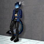  1:1 beverage blue_eyes blue_hair boots bubble_tea bulge canid canine canis clothed clothing coyote digital_media_(artwork) dutchsyndicalist footwear hair hi_res jacket looking_at_viewer male mammal multicolored_tail rubber smile solo topwear 