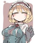  1girl alice_margatroid black_gloves blonde_hair breasts expressionless gloves half-closed_eyes hand_up looking_at_viewer massakasama purple_background short_hair simple_background solo touhou upper_body yellow_eyes 