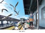  2girls :d absurdres bird blue_hair blue_sky bridge cellphone closed_eyes cloud commentary copyright_name day ground_vehicle highres holding holding_phone kagamihara_nadeshiko long_sleeves multiple_girls ocean open_mouth outdoors parted_lips phone pink_hair railroad_tracks seagull shima_rin sky smartphone smile squatting standing train train_station_platform translation_request winter_hat yurucamp zeng$_(zwj) 