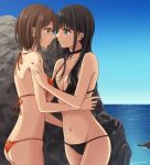  2girls bangs beach bikini black_bikini black_hair blue_eyes blue_sky blunt_bangs breasts brown_hair cleavage collarbone commentary_request commission day eye_contact face-to-face from_side green_eyes highres long_hair looking_at_another medium_breasts multiple_girls nail_polish navel ocean orange_bikini original outdoors piercing pixiv_request rock setu_kurokawa short_hair sidelocks sky swimsuit water yuri 