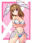  1girl bikini blue_eyes breast_tattoo breasts brown_hair cleavage cougar_(cougar1404) eunie_(xenoblade) head_wings large_breasts medium_hair solo swimsuit tattoo white_wings wings xenoblade_chronicles_(series) xenoblade_chronicles_3 