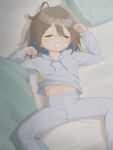  1girl absurdres bandaid bandaid_on_face bandaid_on_nose bangs bed_sheet blush brown_hair closed_eyes do_it_yourself!! highres lying matanukinuki navel on_back pajamas pillow short_hair sleeping solo spread_legs yua_serufu 