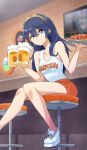  1girl absurdres alcohol alternate_costume among_us bangs beer beer_mug blue_eyes blue_hair breasts cleavage commentary cup english_commentary feh_(fire_emblem_heroes) fire_emblem fire_emblem_awakening fire_emblem_heroes grimmelsdathird hair_between_eyes highres holding holding_cup holding_tray hooters indoors long_hair looking_at_viewer lucina_(fire_emblem) medium_breasts mug orange_shorts shirt shoes short_shorts shorts sitting smile solo tank_top tray uniform waitress white_footwear white_shirt 