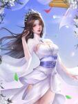  1girl absurdres blue_sky branch brown_hair closed_mouth dress earrings facial_mark falling_leaves flower forehead_mark hand_in_own_hair highres jewelry leaf liang_zi_(n/a) long_hair looking_at_viewer lu_xueqi_(zhu_xian) sash see-through see-through_sleeves shiny shiny_hair sky solo thighhighs tiara white_dress windowsill zhu_xian 