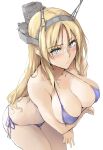  1girl arms_under_breasts bikini blonde_hair blue_bikini blue_eyes blush breasts cleavage collarbone embarrassed headgear highres kantai_collection large_breasts looking_at_viewer nelson_(kancolle) side-tie_bikini_bottom simple_background solo swimsuit white_background zekkyon 