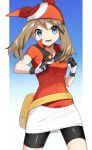  1girl absurdres bandana bangs bike_shorts_under_skirt blue_eyes breasts brown_hair collared_shirt commentary_request eyelashes fanny_pack gloves highres holding holding_poke_ball long_hair looking_at_viewer may_(pokemon) open_mouth orange_bandana orange_shirt pillarboxed poke_ball poke_ball_(basic) pokemon pokemon_(game) pokemon_rse shirt skirt smile solo white_gloves white_skirt yellow_bag yuihico 