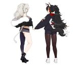  2girls :3 :d absurdres ahoge animal_ear_fluff animal_ears ass bangs bare_shoulders belt black_footwear black_hair black_jacket black_pantyhose black_shirt blue_jacket blue_shorts breasts closed_mouth fang fang_out from_behind from_side full_body fur-trimmed_jacket fur_trim grey_eyes grey_hair grey_shorts hair_ornament hairclip high_heels highleg highleg_panties highres hololive hood hooded_jacket jacket large_breasts lion_ears lion_girl lion_tail long_hair long_sleeves looking_at_viewer looking_back messy_hair multicolored_hair multiple_girls off_shoulder okunin ookami_mio open_mouth outstretched_arms panties pantyhose ponytail red_hair see-through shirt shishiro_botan short_shorts shorts sidelocks simple_background single_leg_pantyhose sleeveless sleeveless_shirt smile spread_arms standing streaked_hair tail thighs two_side_up underwear very_long_hair virtual_youtuber white_background white_footwear white_hair wolf_ears wolf_girl wolf_tail yellow_eyes 