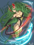  1girl aged_up breasts cleavage detached_sleeves final_fantasy final_fantasy_iv final_fantasy_iv_the_after full_body gloves green_eyes green_hair green_leotard hair_ornament leotard long_hair looking_at_viewer moreshan rydia_(ff4) smile solo thighhighs whip 