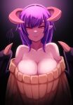  1girl absurdres bare_shoulders breasts cleavage demon_girl demon_horns demon_wings highres horns large_breasts light_smile lilith_(mon-musu_quest!) looking_at_viewer mon-musu_quest! mon-musu_quest:_paradox off-shoulder_sweater off_shoulder pointy_ears purple_hair red_eyes solo sweater to_kage_p upper_body wings 
