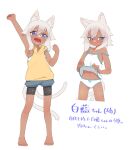  1girl :d animal_ears arm_up bangs bare_arms bare_shoulders barefoot bike_shorts black_shorts blue_shorts blush bow bow_panties camisole cat_ears cat_girl cat_tail closed_mouth commentary_request cropped_legs dark-skinned_female dark_skin fang grey_hair hair_between_eyes highres hood hood_down hoodie multiple_tails multiple_views navel original owasaki panties puffy_shorts purple_eyes short_shorts shorts shorts_under_shorts simple_background sleeveless sleeveless_hoodie smile standing strap_slip tail translation_request two_tails underwear underwear_only white_background white_camisole white_panties yellow_hoodie 