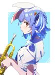  1girl animal_ears blue_hair bunny-shaped_pupils carrot_hair_ornament food-themed_hair_ornament hair_ornament highres hololive instrument looking_at_viewer rabbit_ears rabbit_girl school_uniform solo symbol-shaped_pupils trumpet usada_pekora ushiki_yoshitaka virtual_youtuber yellow_eyes 