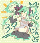  1girl 39 character_name commentary_request dated detached_sleeves green_eyes green_hair hatsune_miku long_hair midriff miku_day navel necktie one_eye_closed open_mouth pleated_skirt polka_dot polka_dot_background revision skirt solo twintails uru_uzuki very_long_hair vocaloid 