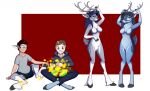  anthro antlers blue_body blue_fur breast_growth breasts capreoline cervid clothing cloven_hooves crossed_legs duo eyewear featureless_breasts female fur fur_growth gender_transformation gift glasses grey_body grey_fur growth hoodie hooves horn human human_to_anthro magic male mammal mtf_transformation nude reindeer sitting species_transformation standing tomek1000 topwear transformation 