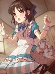  1girl alice_(alice_in_wonderland) alice_(alice_in_wonderland)_(cosplay) alice_in_wonderland apron artist_request blue_bow blue_bowtie blue_dress blue_thighhighs bow bowtie brown_eyes brown_hair cosplay cup dress giant giantess hair_bow highres idolmaster idolmaster_cinderella_girls indoors long_hair name_connection open_mouth puffy_short_sleeves puffy_sleeves saucer short_sleeves sitting solo spoon striped striped_thighhighs sweatdrop table tachibana_arisu teacup teapot thighhighs wariza white_apron white_thighhighs wrist_cuffs 