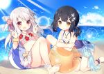  2girls ball beach beachball bikini black_hair bridal_garter feet finger_gun flower hair_flower hair_ornament hair_ribbon horizon illyasviel_von_einzbern jewelry miyu_edelfelt multiple_girls necklace ocean open_mouth red_eyes ribbon sand sun swimsuit tsukimi_(xiaohuasan) water yellow_eyes 