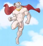  2022 abs anthro anthrofied barazoku barefoot belt bent_leg biceps big_muscles canid canine canis cape cape_only clothing cloud cloudscape collar day dc_comics domestic_dog eyebrows feet flying foreskin fur genitals hi_res humanoid_genitalia humanoid_penis jrjresq krypto krypto_the_superdog looking_at_viewer male mammal mostly_nude muscular muscular_anthro muscular_male navel nude obliques pecs penis quads sky smile solo superhero swimwear tuft vein veiny_muscles 