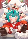  1girl brown_footwear fangs full_body geta green_eyes green_hair growlithe heart heart_print highres hisuian_growlithe horns komainu komano_aunn looking_at_viewer pokemon pokemon_(creature) red_shirt shirt short_eyebrows shorts touhou uchisaki_himari white_shorts 