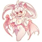  1girl :d absurdres animal_ears blonde_hair breasts brown_eyes commentary completely_nude demon_wings english_commentary highres large_breasts long_hair looking_at_viewer nipples nude open_mouth original ponytail simple_background slugbox smile sweat thick_eyebrows white_background wings 